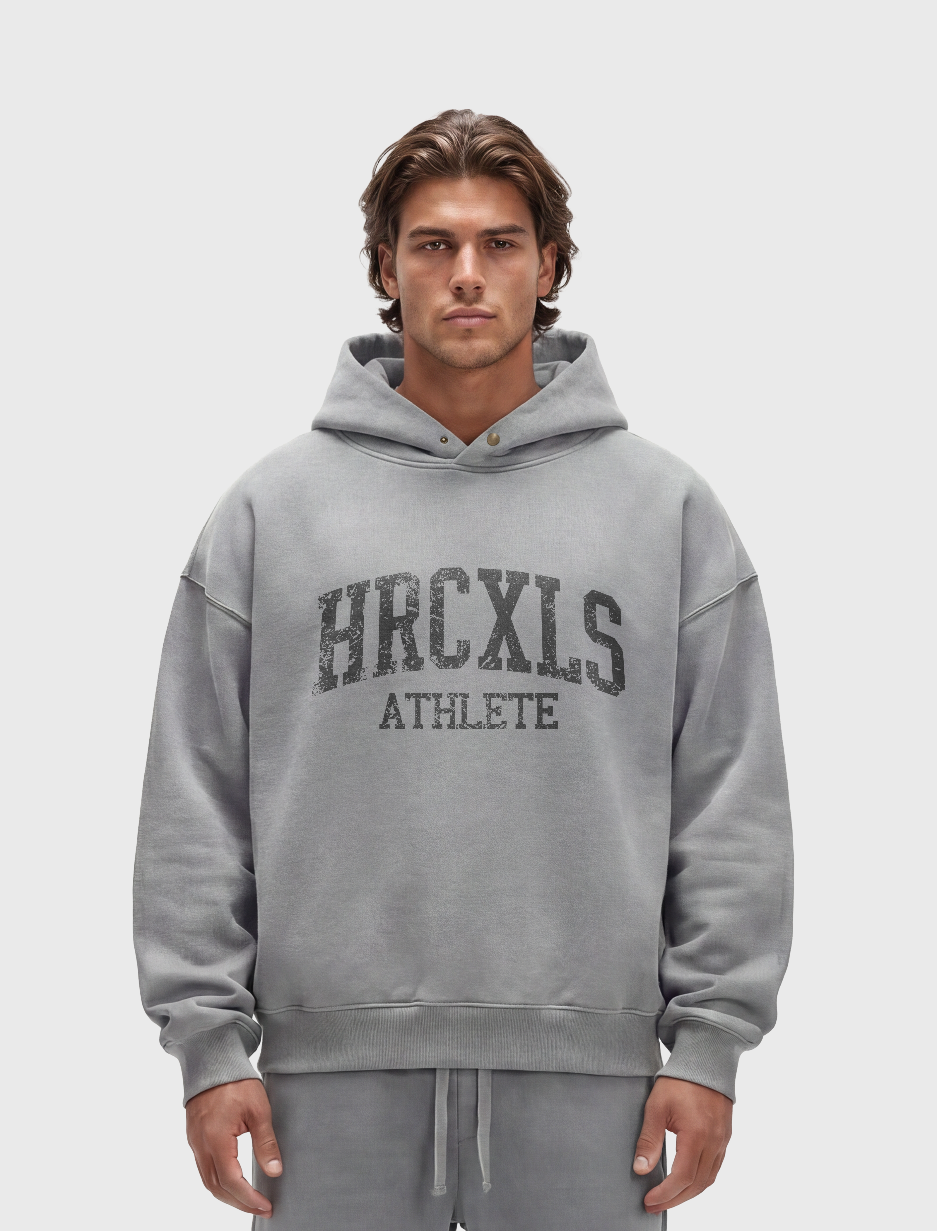 HERCXLES 2026: HRCXLS Athlete Distressed Oversized Hoodie - Light Grey model front
